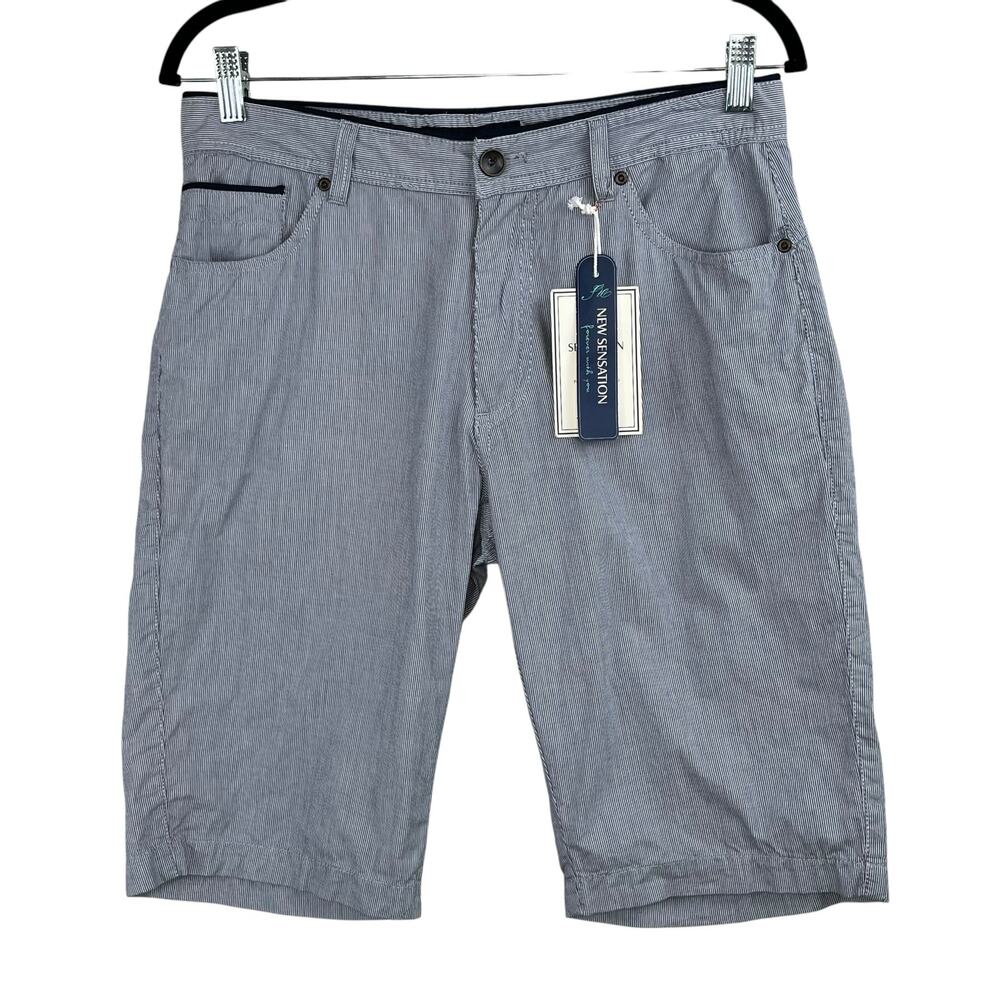New Sensation Men's Blue White Striped Cotton Chino Shorts EU 46 US 30W NWT